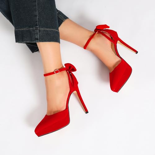 LIURUIJIA Women's Platform Stiletto High Heels with Bow Ankle Strap Sexy Sweet Pumps Shoes for Wedding Party Evening4