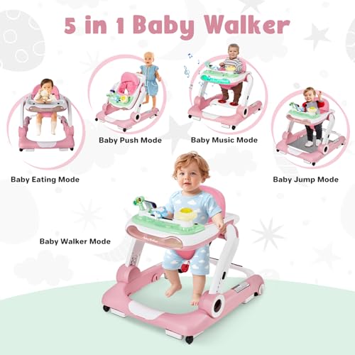 Image of 5 in 1 Baby Walker, Activity Baby Walker-Baby Bouncer, Rocker, Activity Center,Seat and Push Walker,Detachable Trampoline Mat, Adjustable Speed Rear Wheels and Height,Ages 6-18 Months