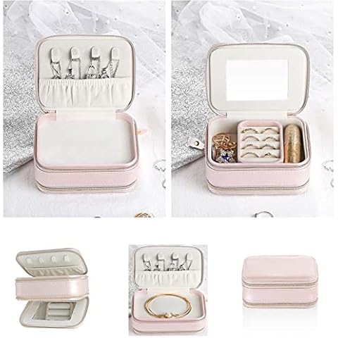 ASLIDECOR Travel Jewelry Case with Mirror,Double Zipper Travel Jewelry Box, Bulk Portable Jewelry Box for Necklaces,Rings,Bracelets(PINK) Cover