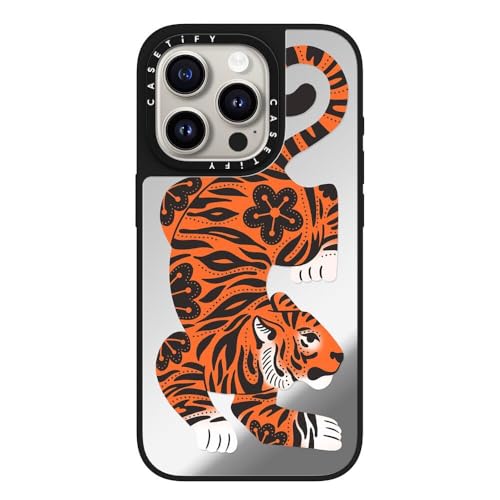 CASETiFY Magsafe �Ή��~���[ iPhone 15 Pro �P�[�X [���ː� / 1.5m����̗����������N���A / Magsafe �ɑΉ�] - Fierce Tiger - �V���o�[ (�u���b�N�o���p�[)