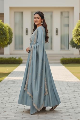 Image of Yashika Women's Silk Blend Embroidered Anarkali Kurta Set with Dupatta | Full Length Ethnic Wear for Women | Wedding