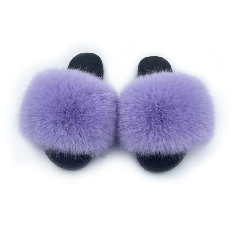 Image of Women's Faux Fur Slides Slippers Fluffy Fuzzy Sandals Open Toe Furry Slide Flip Flop Indoor Outdoor