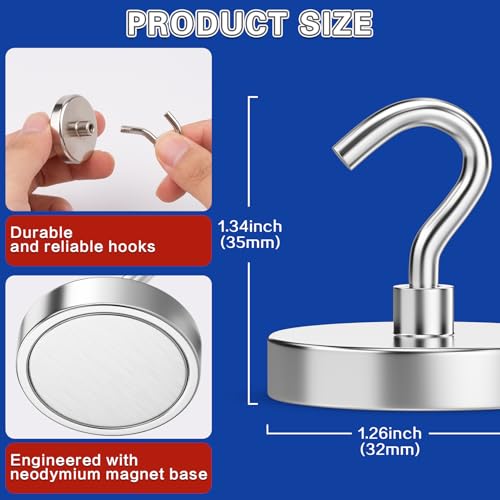Image of 6 Pack Strong Magnetic Hooks, 130lbs Magnet Hooks Heavy Duty | Metal Magnetic Hooks for Cruise Cabins, Magnet with Hooks, Magnetic Hook for Hanging, Refrigerator, Garage, Outdoor