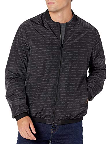 A|X Armani Exchange Men's Print Zip Up Bomber Jacket, Black Oblique Logo, XL