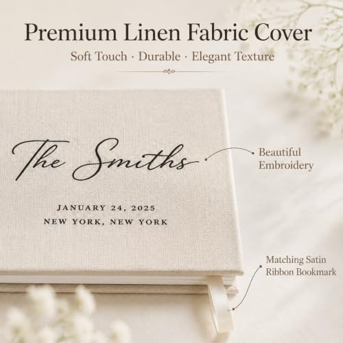 Image of Custom Embroidered Wedding Guest Book, Personalized Linen Hardcover | Guest Sign In Book with Custom Name Embroidery, Wedding Album Keepsake for Reception, Engagement and Bridal Shower