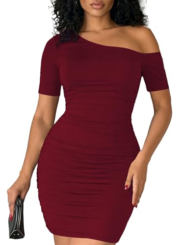 Womens One Shoulder Ruched Bodycon Dress Sexy Form-Fitting Off-the-Shoulder Mini Dress for Cocktail Party Night Out-Wine Red-M