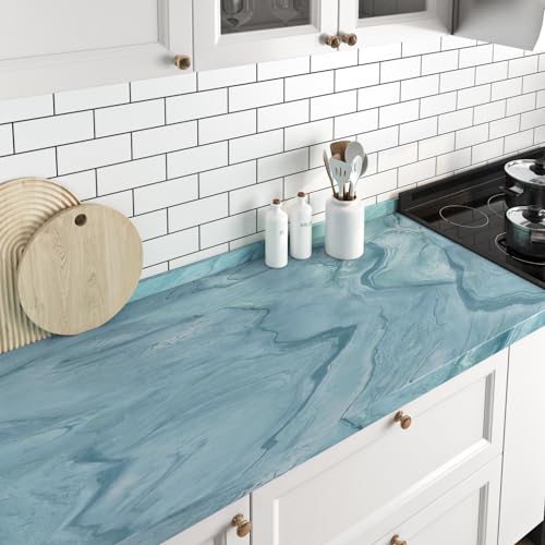 FunStick Blaue Marmor Folie Badezimmer Arbeitsplatte Klebefolie Marmoroptik Blau Möbelfolie Selbstklebende Folie Marmor Küchenschrank Wandfolie Marmoroptik Selbstklebende Tapete Blau Zimmer 40CM×2M