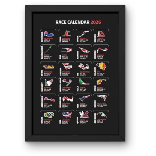 Lap Legends Original 2026 Race Schedule Print in A4 Black Frame- Perfect For F1 Fans (Black)