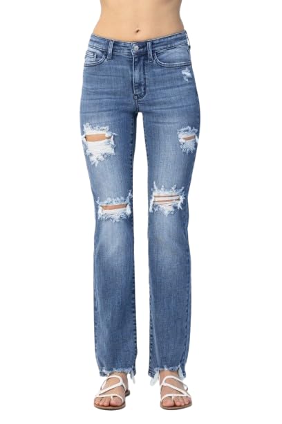 Judy Blue Destroyed Straight Mid-Rise Jeans for Women – Comfortable Stretch Denim with Distressed Details - 82425