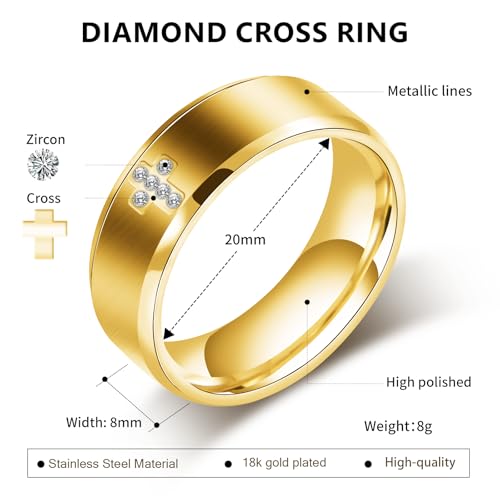 SYDNFZY Mens Wedding Band Ring - 8mm Stainless Steel Engagement Promise Rings for Men Women, Cross Classic Ring with Princess Cut Cubic Zirconia for Men Jewelry Gift Ring Size 6 7 8 9 10 11 (Gold, 6) — view 2
