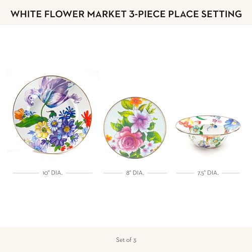 MACKENZIE-CHILDS-3-Piece-Enamel-Place-Setting-with-10-Inch-Round-Dinner-Plate-8-Inch-SaladDessert-Plate-and-75-Inch-Breakfast-Bowl-White-Flower-Market