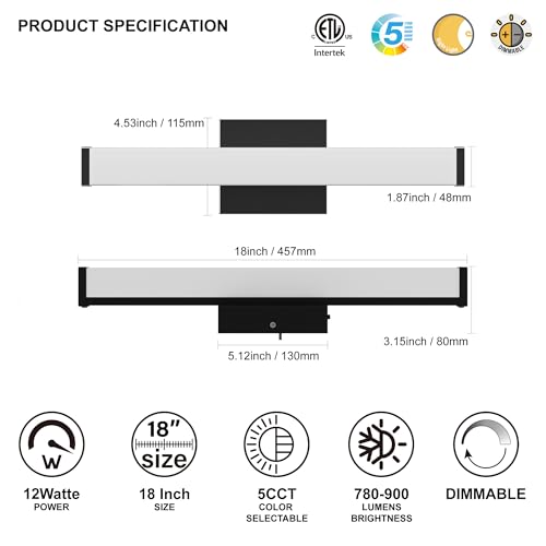 Image of 18 Inch Bathroom Vanity Light Fixtures with Night Light: Long Square Wall Mounted LED Lighting Bar Over Mirror with 5CCT & 2200K Color Changing, 120V, 780-900lm, ETL, Matte Black, 1 Pack