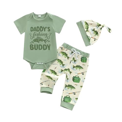 Image of Santikisler Newborn Baby Boy Fishing Outfit Fish Letter Print Short Sleeve Romper Jumpsuit and Pants Hat 3Pcs Clothes
