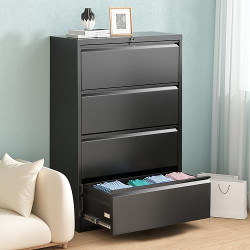Greenvelly 4 Drawer Lateral File Cabinet With Lock, Black Locking Lateral Filing Cabinet With Drawers, Office Metal File Cabinets For Legal Letter Size With Keys And Hanging Frame thumb #8