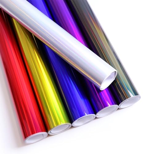 Image of Lypumso Holographic Laser Silver Vinyl Wrap, PET Chrome Metallic Car Wrap Self Adhesive Decal Sticker Air Release Glossy Film Vinyl Sheet for Cars (Silver, 1ft x 10ft)