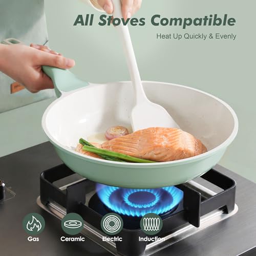 Image of SENSARTE Nonstick Ceramic Frying Pan with Lid 10 Inch Omelet Pan Skillet, Free of Intentionally Added PFAS /PTFE Non-toxic Chef's Pan Induction Compatible Pan, Heat Resistant Handle, Mint Green