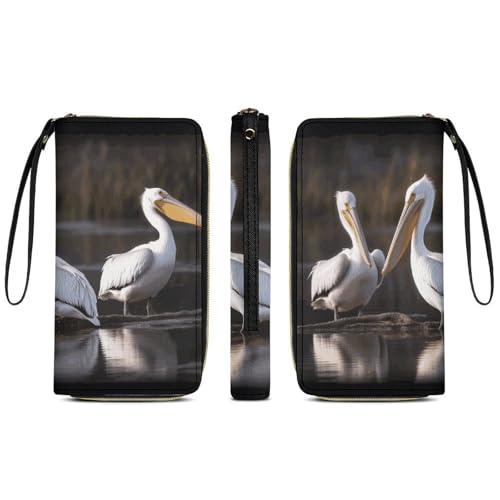 Three Pelicans Leather Wallet Smooth Zip Around Clutch Wristlet Travel Long Soft Purse for Women3