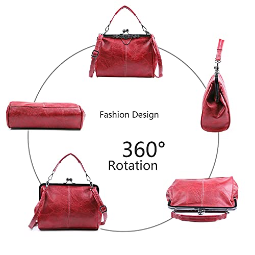 LUI SUI Frauen Retro Handtasche, PU Leder Geldbörse Vintage Top Griff Tasche Kiss Lock Crossbody Umhängetasche für Damen