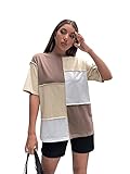Verdusa Women's Colorblock Drop Shoulder Stitch Trim Longline Tee Top Brown Beige White L