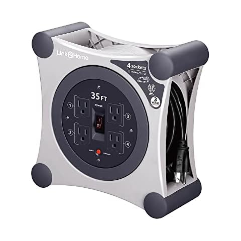 Link2Home Retractable Extension Cord Reel 35 Ft. With 4 Outlets & Heavy Duty 14AWG 3-Prong SJTW Cord (Grey) Cover
