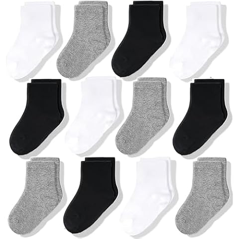 CozyWay Crew Cotton Toddler Socks - 12 Pack Stretch Toddler Girl Socks for All Day Comfort - Toddler Boy Socks, Black/White/Gray, 3T-5T - Unisex Baby Socks - Baby Girl & Baby Boy Socks Cover