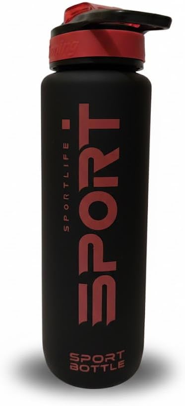 Water Bottle with Time Marker, BPA-Free Tritan Plastic, Flip Top Leak-Proof Design with Straw, Black and Red