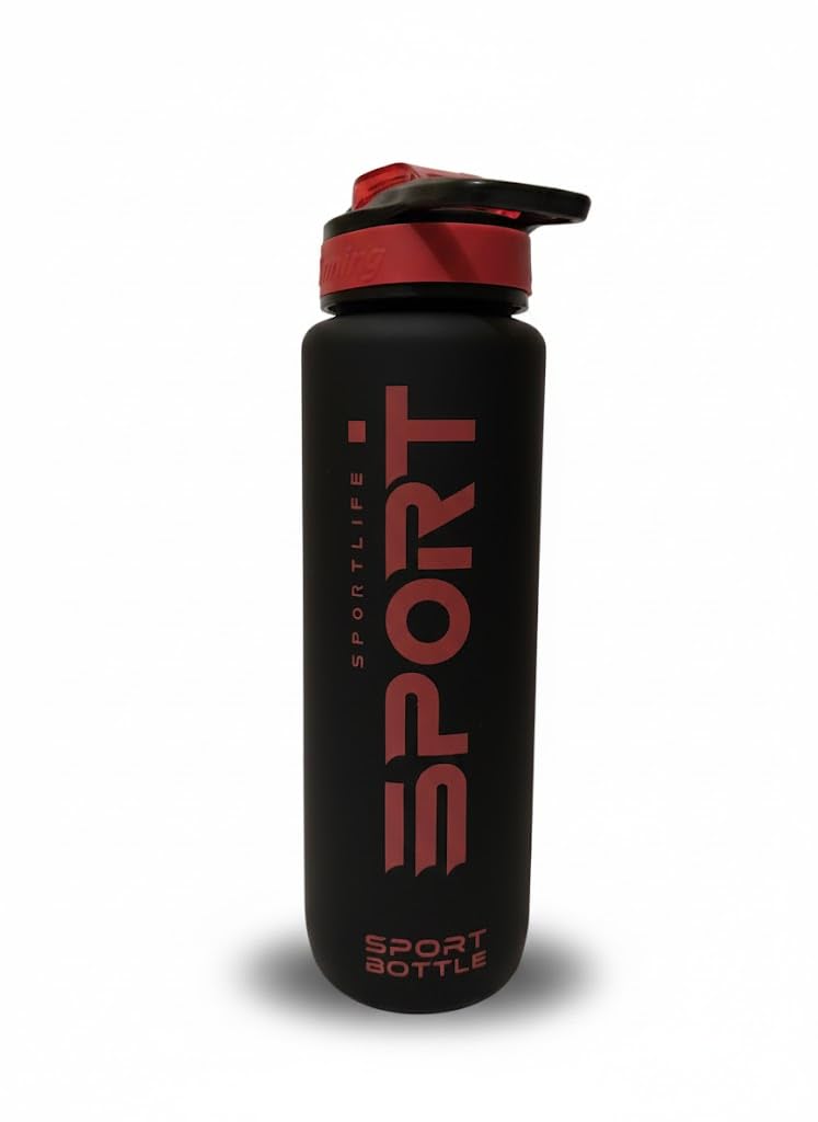 Water Bottle with Time Marker, BPA-Free Tritan Plastic, Flip Top Leak-Proof Design with Straw, Black and Red