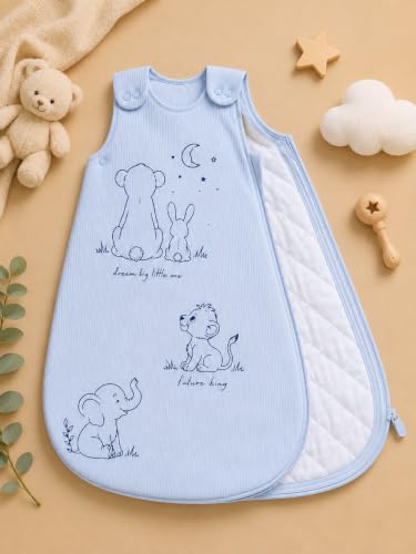 Image of TuddyBuddy Baby Cotton Wearable Quilted Sleeping Bag Blanket 1.5 Tog with 2 Way Zipper Closure | Ideal for Babies & Kids Hypoallergenic Fabrics | (Lions's Family - Sky Blue, 0-6 Months)