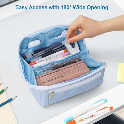 Image of Large Capacity Pencil Case - Pencil Pouch for Teen Girls & Boys, Aesthetic Pouch Organizer with 8 Compartments, Wide Opening Marker Bag for Middle High School College, Fits Calculator, Blue