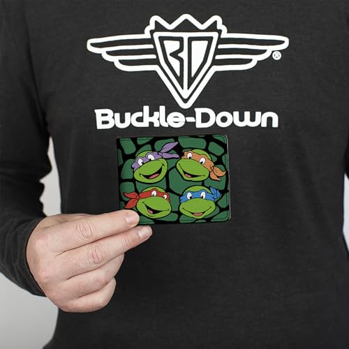 Nickelodeon Men's Standard Buckle-Down PU Bifold Wallet-Classic TMNT Faces Black/Green Turtle Shell, Multicolor, 4.0" x 3.5"3