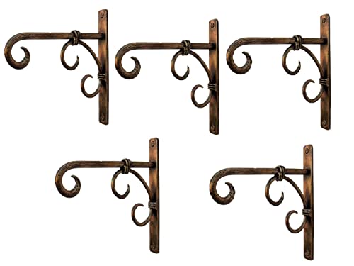 Image of Wall Hanging Brackets - Deluxe Pack of 5 Golden Metal Plant Hanger Hooks for Bird Feeders, Planters, Wind Chimes & Lights | Indoor & Outdoor Balcony Decor (6 x 1 x 7 in)