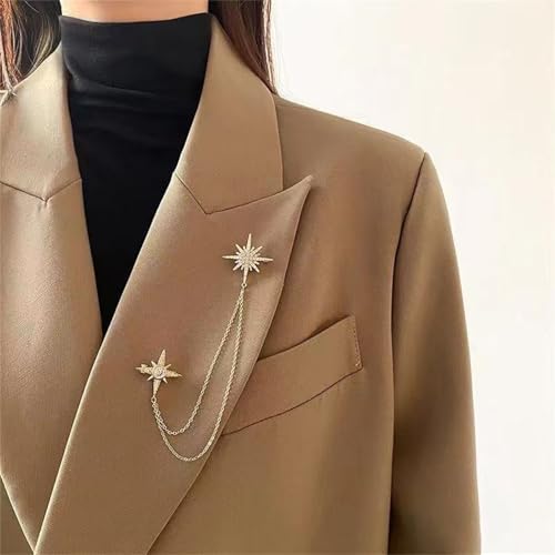 Image of 2PCS Crystal Hanging Chain Brooch Suit Pin for Men Women Vintage Crown Cross Star Diamond Broochs Gold and Silver Wedding Brooch for Clothes Dress Hats Bags Accessory