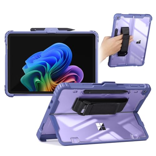 CoBak Rugged Case for Microsoft Surface Pro 12 2025 Shockproof Protective Cover with Hand Strap Multi-Angle Kickstand Built-in Stylus Holder Compatible with Type Cover Keyboard Clear Violet