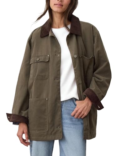GTLIAE Barn Jackets for Women 2025 Fall Oversized Utility Cotton Coat Corduroy Collar Vintage Workwear with Pockets(Olive-M)
