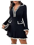 SOLY HUX Women's Plus Size Long Sleeve Knitted Sweater Dress Half Button Down Collar Bodycon Mini Dresses Pure Black XX-Large Plus