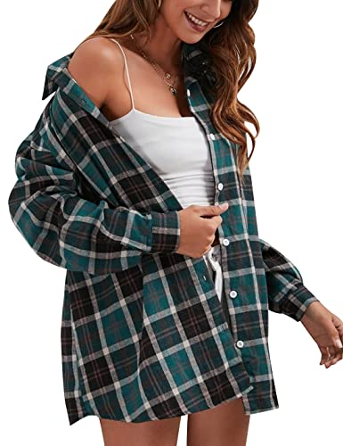 Image of HangNiFang Womens Flannel Plaid Shirts Oversized Button Shirts Blouse Tops