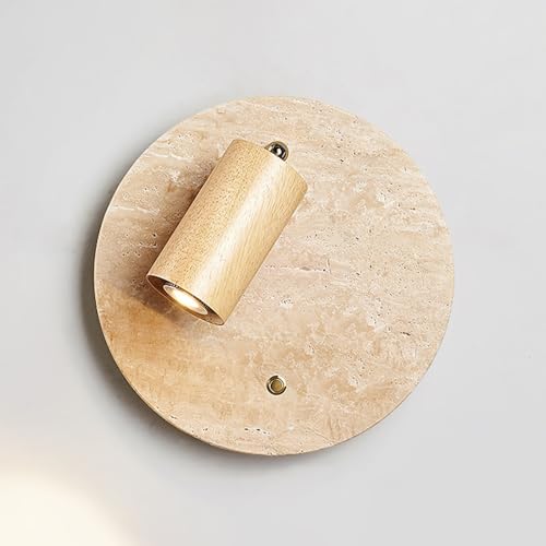 HXYSXHJUO Applique da Parete in travertino da 25 cm di Diametro, lampade a Parete in Pietra con faretto in Legno Regolabile, lampade Wabi-Sabi per Soggiorno, Camera da Letto, Stile Rustico,