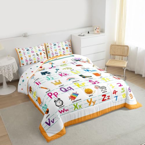 Image of Feelyou ABC Alphabet Comforter Set Full Size, Cute Educational Learning Tool Bedding Set for Kids Toddler Cartoon Animal Comforter Learning Educational Duvet Set Durable Bed Set 3Pcs
