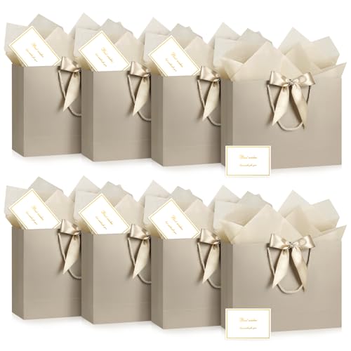 Image of JMANNI Gift Bags with Handles, 13 inch Medium Gift Bag for Presents, 8 Pcs Bags with 16 Tissue Paper and 8 Cards for Baby Shower Wedding Bridal Shower Mother's Day Birthday Party(Champagne Gold)
