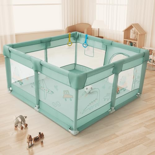 Image of Dawnwake 120x120 cm Playpen for Baby up to 3 Years with Safety Lock & Anti-Fall Grasp Rings (No Mat, Non-Foldable) - Green