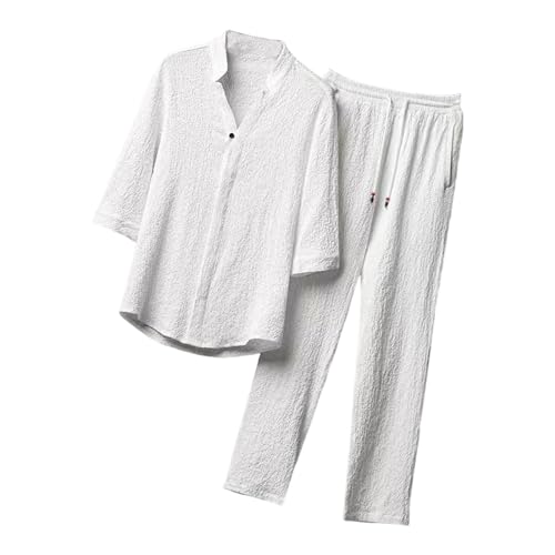Image of CBMen's Summer Suits Casual Clothes Loose Pant 3 /4 Sleeve Suit Beach L White|Clothing Shoes & Accessories | Mens Clothing | Suits|1 Men's 2 Pieces Shirt Set