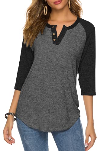 HOCOSIT Women's Raglan V Neck Summer Tops 3/4 Sleeve Ladies Button Henley Shirt Boyfriend Style Blouse