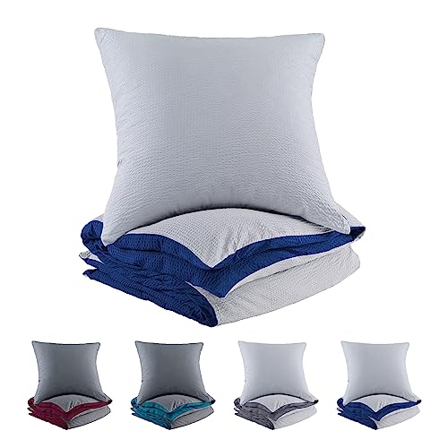 BaSaTex Mikrofaser Seersucker Bettwäsche und Kissenbezug Uni Wende Bettbezug für Bettdecke und Kissen| 135x200 + 80x80 | 100% Microfaser Polyester | Silber - Navy Dunkelblau