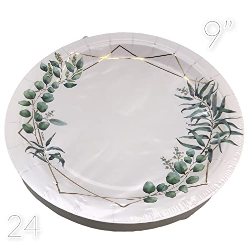 Serves 24 Complete Eucalyptus Greenery Floral Party Supplies, Includes Paper Plates, Cups, Napkins, Straws And 2 Table Covers Ideal For Baby Showers, Weddings, Birthdays, Tea Party, Bridal Showers #TOP1