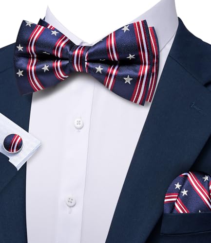 Image of YOHOWA Paisley Striped Men Bow Tie Pre-Tied Formal Adjustable Colorful Bowties Handkerchief Cufflinks Set Wedding Party