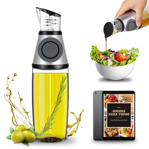 CAVECA Aceitera Antigoteo con 500ML de Cristal y Medidor de Vertido de Aceite para Ahorrar Aceite + Regalo, Aceitera de Cristal para Cocina, Aceitero con Dispensador Aceite, Difusor Aceite y Vinagre