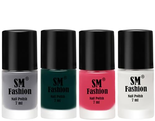 Image of Nail Polish Combo Set (Pack of 4) Quick Dry Gel Finish Nail Paint | Gray,Dark Green,Dark Rose Pink,White | 7 ml Each