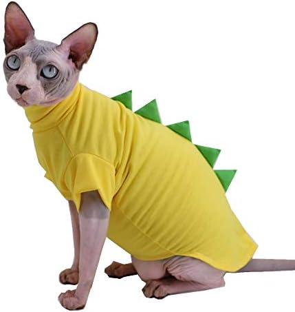 Dinosaur Design Sphynx Hairless Cat Clothes Cute Breathable Summer Cotton Shirts Cat Costume Pet Clothes,Round Collar Kitten T-Shirts with Sleeves, Cats & Small Dogs Apparel (S (2-3.5 lbs), Yellow)
