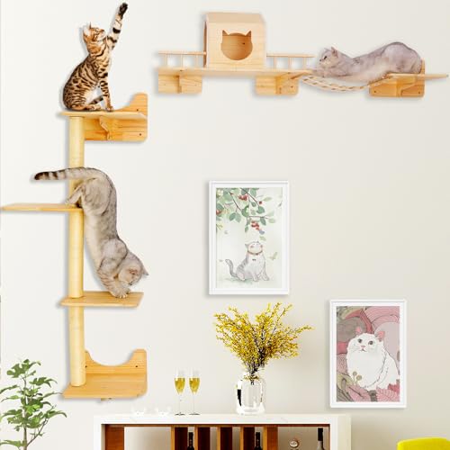 Juego de escalada para gatos, estantes para montar en pared, incluye 1 casa de gato, 1 puente en escalera, 3 postes para rascar y 5 peldaños