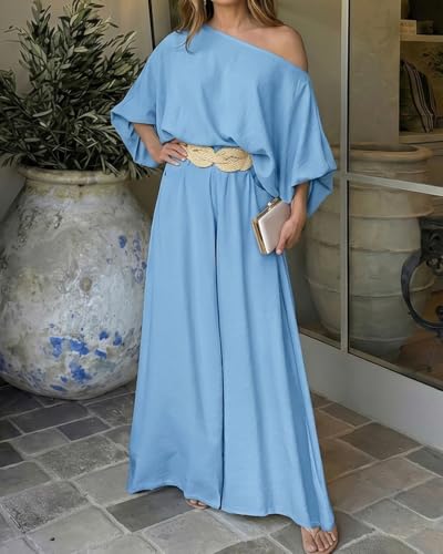 Image of CHICME Women Summer 2 Piece Outfits Off Shoulder Top Flowy Wide Leg Pants Set Vacation Travel Airport Outfits